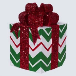 6" Red Green & White Striped Gift Box With Red Bow