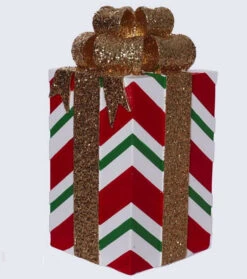 5" X 10" Red Green & White Striped Gift Box With Gold Bow