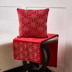 16" X 108" Red & Silver Beaded Table Runner