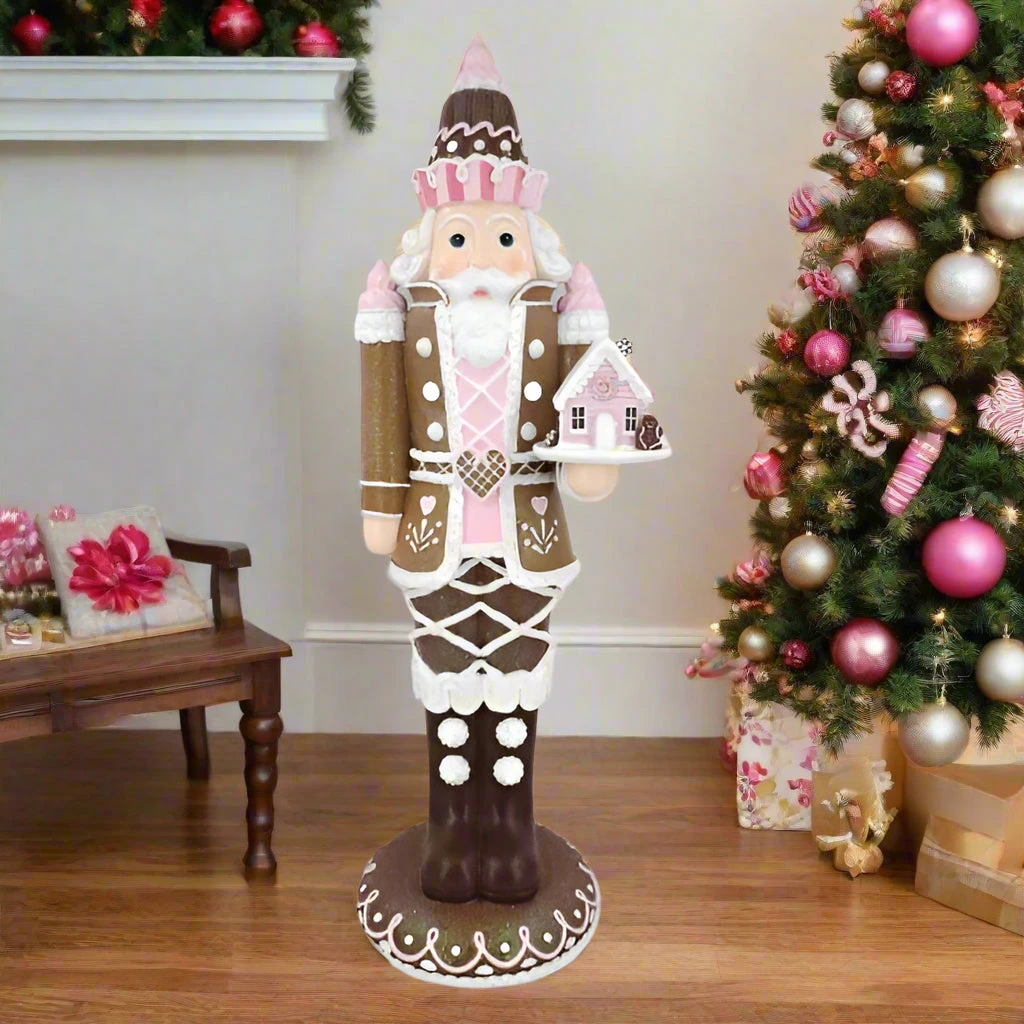 21" Gingerbread Nutcracker With Pink Gingerbread House 1 21" Gingerbread Nutcracker With Pink Gingerbread House