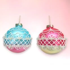 Pink & Aqua Decorated Ball Ornaments Assorted Set Of 2