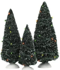 Village Accessory Green Twinkling Trees Set Of 3