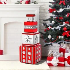 28" Red & Silver Gift Box Stack