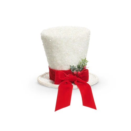 White Glitter Top Hat With Red Bow 1 White Glitter Top Hat With Red Bow