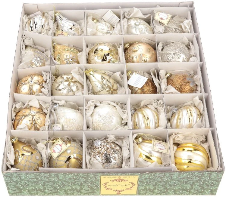Mark Roberts 4"-6" Ivory & Gold Glass Ornaments Gift Box Set Of 25 1 Mark Roberts 4"-6" Ivory & Gold Glass Ornaments Gift Box Set Of 25