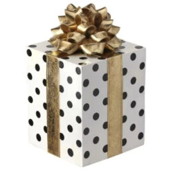 14" White & Black Polka Dotted Gift Box With Gold Bow